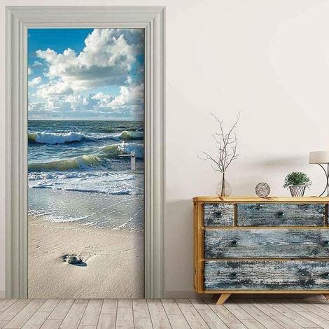 3D Sticker Trompe l'oeil Paysage de Vagues de Plage Autocollant PVC Auto-Adhésif Amovible pour Salon, Porte, Cuisine, Chambre, Salle de Bain - 77x200cm (1/3)