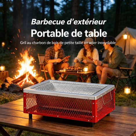 Barbecue au charbon de bois portable en acier inoxydable 304, grille 40 cm rouge pour camping et pique-nique 1-2 personnes 2,5 kg – Livraison gratuite (1/5)