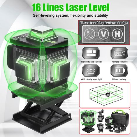Niveau Laser 4 x 360°, 4D 16 Lignes Laser Chantier avec 2 x 3000mAh Batterie & Affichage LED, Niveau Laser 360 Autonivelant, , Télécommande, IP54 Étanche et Anti-Poussière