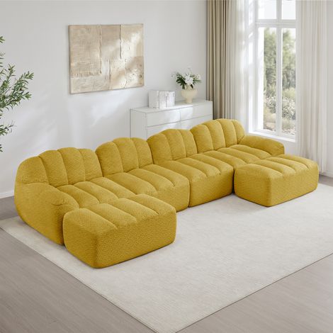 Canapé U-Form modular aus Granulat-Fleece in Gelb, 4-Sitzer mit 2 Ottomanen