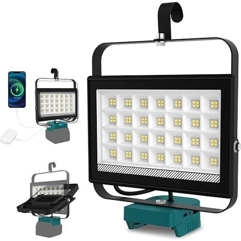 Construction Light for 18 V Battery, Rechargeable LED Projector 100 W, Portable Work Light with Type C & USB Charging, 2 Modes for Camping Workshop Repairs (No Battery) (1/5)