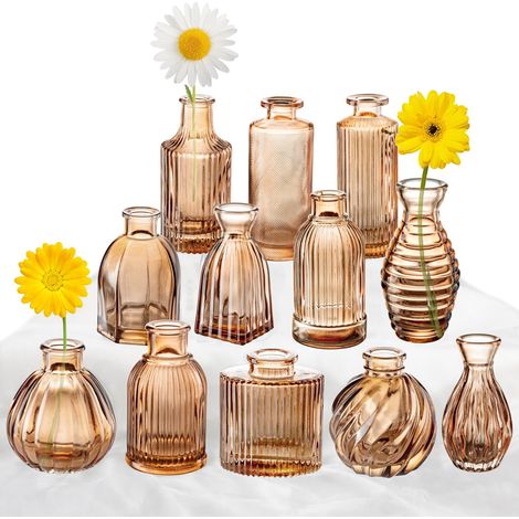Lot de 12 Petits soliflores en Verre ambré, Modernes, nervurés, pour décoration de Vase à Fleurs en Vrac - Décoration Vintage bohème, Centre de Table de Mariage Rustique (1/5)