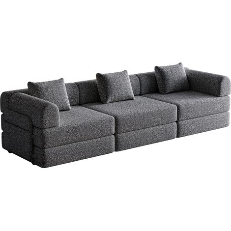 Modulares Schlafsofa aus grauem Chenille mit Stauraum in der Armlehne und Metallgestell (1/5)