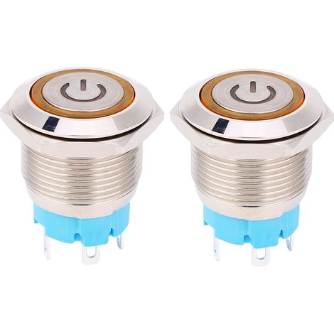 Interrupteur poussoir lumineux 19mm 2 pièces 1224V DC, rond 4 broches auto-remise à zéro jaune motif puissance. (1/5)