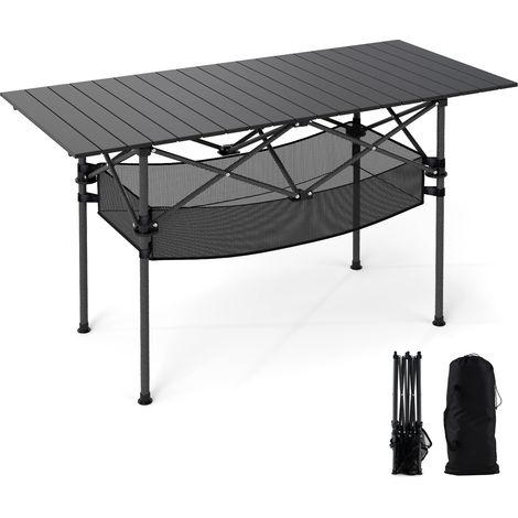 Table de Pique-nique Portable avec Plateau Roulable en Aluminium et Panier, 119 x 55 x 69 cm, avec Sac de Transport pour Jardin, Plage, Pêche, Noir (1/5)