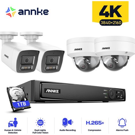 ANNKE 4PCS 12MP Sistema di telecamere di sorveglianza interni esterni, rilevamento di persone/veicoli, accesso remoto visione notturna colori, 2 Bullet + 2 Dome Telecamere 1 TB (1/5)