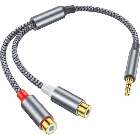 Câble adaptateur RCA vers jack 3,5, RCA vers AUX 3,5 mm (2 prises RCA vers fiche 3,5 mm), 25 cm, câble audio HiFi pour smartphone, TV, amplificateur, haut-parleur - Gris (1/5)
