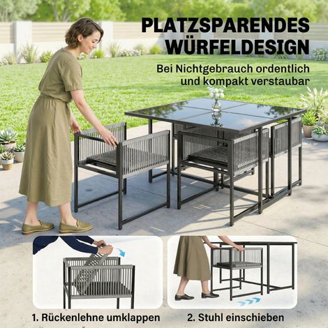 Set de jardin 5 pièces table verre + 4 chaises pliantes dossier respirant en rotin synthétique (1/5)