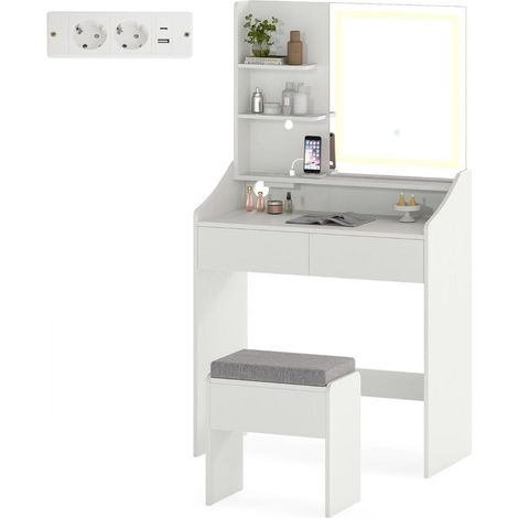 Pour le maquillage quotidien, coiffeuse avec éclairage tactile, station de charge et miroir LED blanc (1/5)