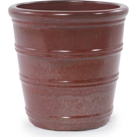 Handgefertigter Blumentopf aus Keramik Ø 32 cm, glänzend rotbraun mit Rillen (1/5)