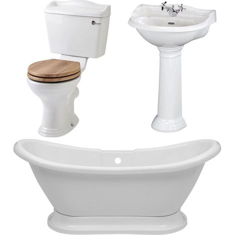 Milano Towneley - White Traditional Freestanding Double Ended Slipper Bath&44 Ceramic Close Coupled Toilet and Full Pedestal Bathroom Basin Sink with One Tap Hole (1/3)