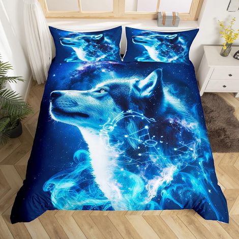 Parure de lit avec housse de couette 135 x 200 cm - Motif galaxie - Motif loup bleu - Décoration de chambre à coucher - Style bohème exotique (1/4)
