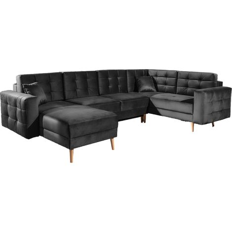 Canapé panoramique convertible ANSKA en velours - Pieds bois naturel-Gris anthracite (1/5)