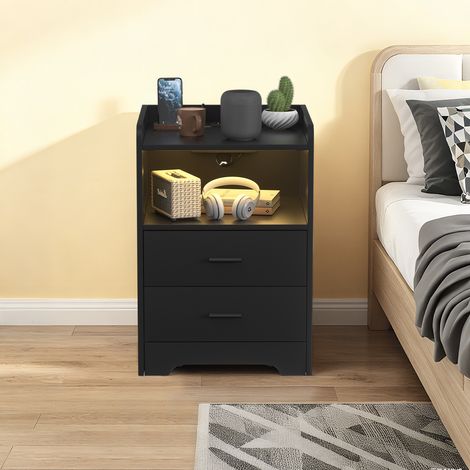 TolleTour Mesita de noche con luz LED, mesa auxiliar moderna para dormitorio, mesilla con estante de almacenamiento Negro (1/5)