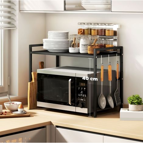 Estantería para microondas 39.5-64x32x47.5 cm negra de metal extensible con 3 ganchos (1/3)