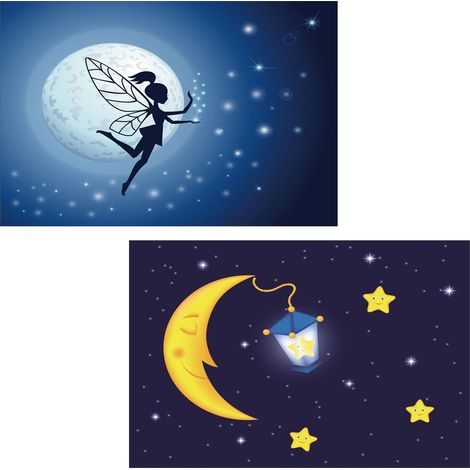 Toile de décoration murale x2 LED tableau illuminé motif fée/lune DEC04013 (1/3)