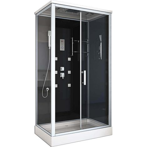 Home Deluxe – Cabine de douche rectangulaire 120 x 80 cm – Verre de sécurité noir – Douche à effet pluie avec radio – Étagère acrylique incluse (1/5)