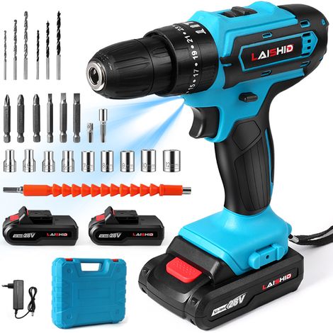 Perceuse visseuse à percussion sans fil, perceuse lithium-ion 21 V, Perceuse sans fil, deux batteries chargeur + ensemble 24 pièces (1/5)