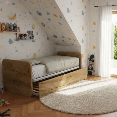 Letto singolo con letto estraibile, trasformabile in matrimoniale. Testate personalizzabili, reti in acciaio e doghe in faggio - Quercia