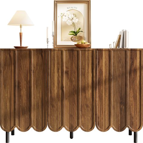Buffet moderne 120 x 35 x 80 cm en bois foncé, portes ondulées sans poignée, étagères réglables et pieds ajustables, meuble de rangement salon, CHICFURN (1/5)