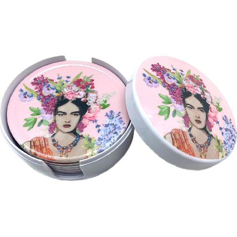 Boite rose contenant 6 sous-verres Frida Khalo (1/2)