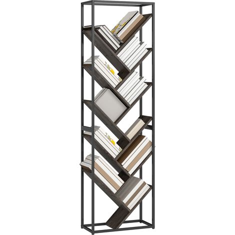 HOMCOM 10 Tier Tree Bookshelf Industrial Tall Bookcase Grey Black