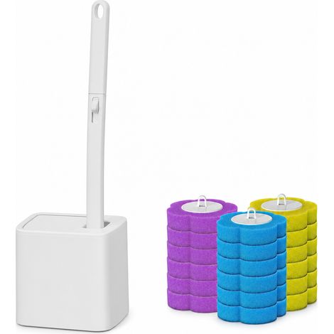 Brosse WC Murale à Couvercle à Ouverture Automatique, Blanche, 36 Têtes de Rechange Jetables Violettes (1/5)