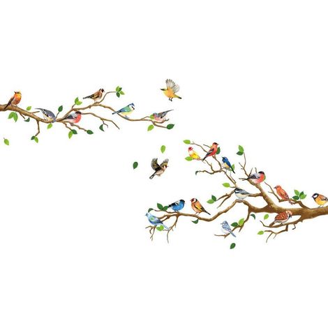 Autocollants pour fenêtres Oiseaux sur branche, anti-collision, arbres, colibris, feuilles vertes, autocollants non adhésifs pour fenêtres, portes et salles de bain (1/4)
