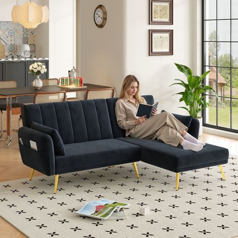 Canapé d'angle convertible moderne, modèle en L avec coin rapporté, idéal pour salon, chambre, home cinéma ou chambre d'amis. Vidéo incluse. (1/4)