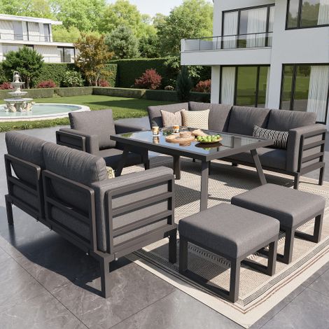 Salon de jardin demi-lune 8 places – Table verre + fauteuil + 2 poufs, coussins gris, résistant intempéries, structure acier (1/5)