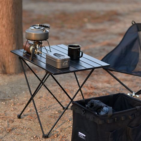 Table pliante portable de camping en alliage d'aluminium, idéale pour barbecue ou stand de rue, noire, taille S. (1/5)