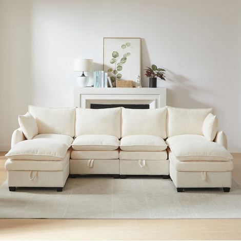 Sofá esquina modular con 4 módulos de asiento, 2 pufs, cojines y cojines de reposabrazos, marco de madera maciza, en felpa, beige (1/5)