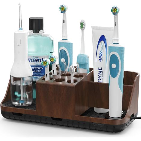Porte-brosse à dents marron effet bois avec 11 compartiments antidérapants pour salle de bain et organisation avec ouverture pour câble pour brosse à dents familiale, dentifrice et brosse à (1/5)