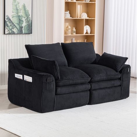 Divano modulare 2 posti in corduroy nero con cuscini, tasche laterali, 191 cm (1/5)