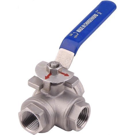Vanne à bille 3 voies, embase en L, acier inoxydable 304, type femelle, pour eau, huile et gaz, avec poignée de verrouillage en vinyle (1 pouce NPT) KB 1/2 pouce NPT (1/5)
