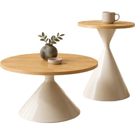 Set di 2 tavolini rotondi a nido in melamina effetto legno, base metallica crema (1/5)