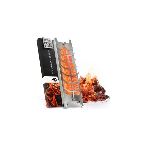 Ortviai – Flammlachsbrett aus Edelstahl, 52 cm – 5 Neigungswinkel, 180° drehbar, spülmaschinenfest – kompatibel mit Kugelgrill, Feuerschale und Gasgrill