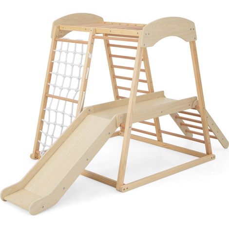 Parco giochi 6-in-1 per bambini 1+ anni con barre di scimmia scivolo corda e scale in legno, Palestra in legno Naturale (1/4)