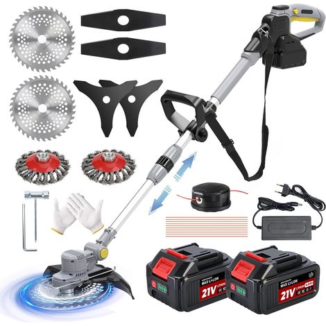 Débroussailleuse à Batterie 21V, Coupe Bordure sans Fil avec Batterie 5 en 1 avec 2 Batteries 4.0 Ah, Brushless Debroussailleuse Electrique sans Fil avec Brosse Désherbage, Télescopique, Gris (1/5)