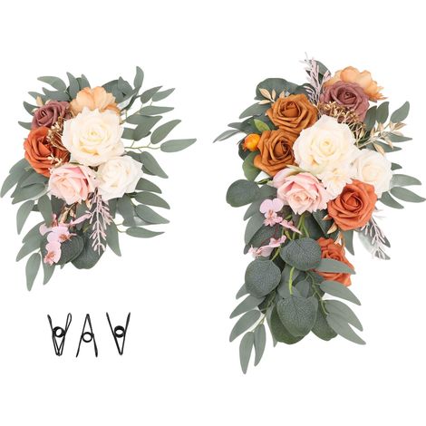 Lot de 2 arches de mariage artificielles, fleurs réalistes, panneaux de bienvenue, décoration florale raffinée et inaltérable, pour intérieur et extérieur, couleur or. (1/5)