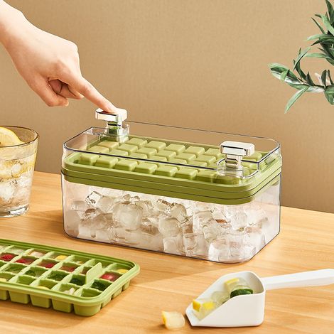 Bac à glaçons avec couvercle, bac à glaçons avec couvercle et espace de rangement pour 64 alvéoles, bacs à glaçons pour congélateur avec pelle à glace, bacs à glaçons réutilisables pour cocktails, whi (1/4)