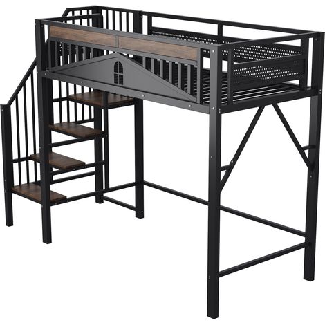 Lit mezzanine en métal 90 x 200 cm noir avec échelle de sécurité et garde-corps fenêtre (1/5)
