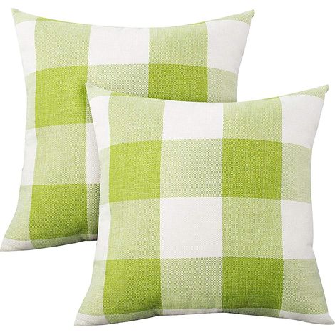 Lot de 2 taies d'oreiller à carreaux, taies d'oreiller carrées décoratives en lin style ferme, 45 x 45 cm, vertes (1/3)