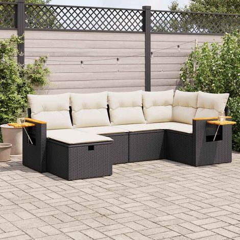 Ensemble Salon Jardin 6 Places Noir Résine Tressée avec Coussins Crème - 2 Canapés + 1 Coin + 1 Pouf - Stockage Intégré (1/5)