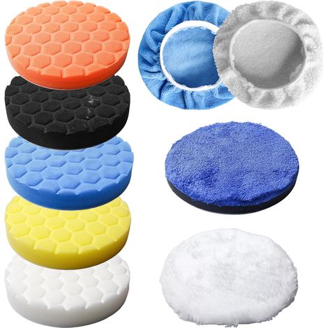 Lot de 9 tampons de polissage de 150 mm - Lavables - Tampons de polissage pour voiture, tampons de polissage en nid d'abeille - Kit de mousse de polissage multifonction pour polisseuse excentrique (1/5)