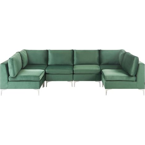 U Shape Modular Sofa Velvet 6 Seater Metal Legs Green Evja