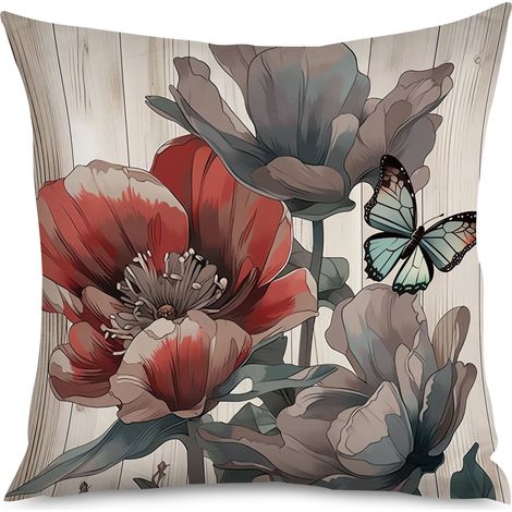 Housse de Coussin motif bois de grange et fleurs champêtres (1/5)