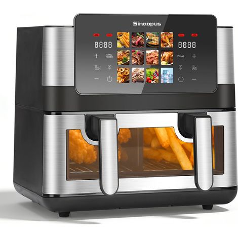 9L Doppelkammer Heißluftfritteuse 2000W mit 2×4,5L Körben, abnehmbarer Trennwand, Sichtfenster, 10 Programmen und Touchscreen (1/5)