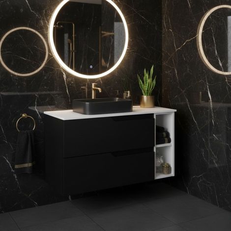 Meuble de salle de bain suspendu 100 cm, noir et blanc, plan de toilette, 2 tiroirs et étagère latérale, sans vasque – MODERN