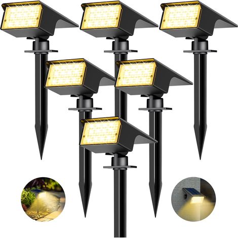 Lot de 6 Spot Solaire Exterieur, 77 LED Lampe Solaire Exterieur Jardin Puissante avec 3 Modes d'Éclairage, Lumiere Exterieur IP65 Étanche pour Jardin Allée Chemin, Blanc Chaud (1/5)
